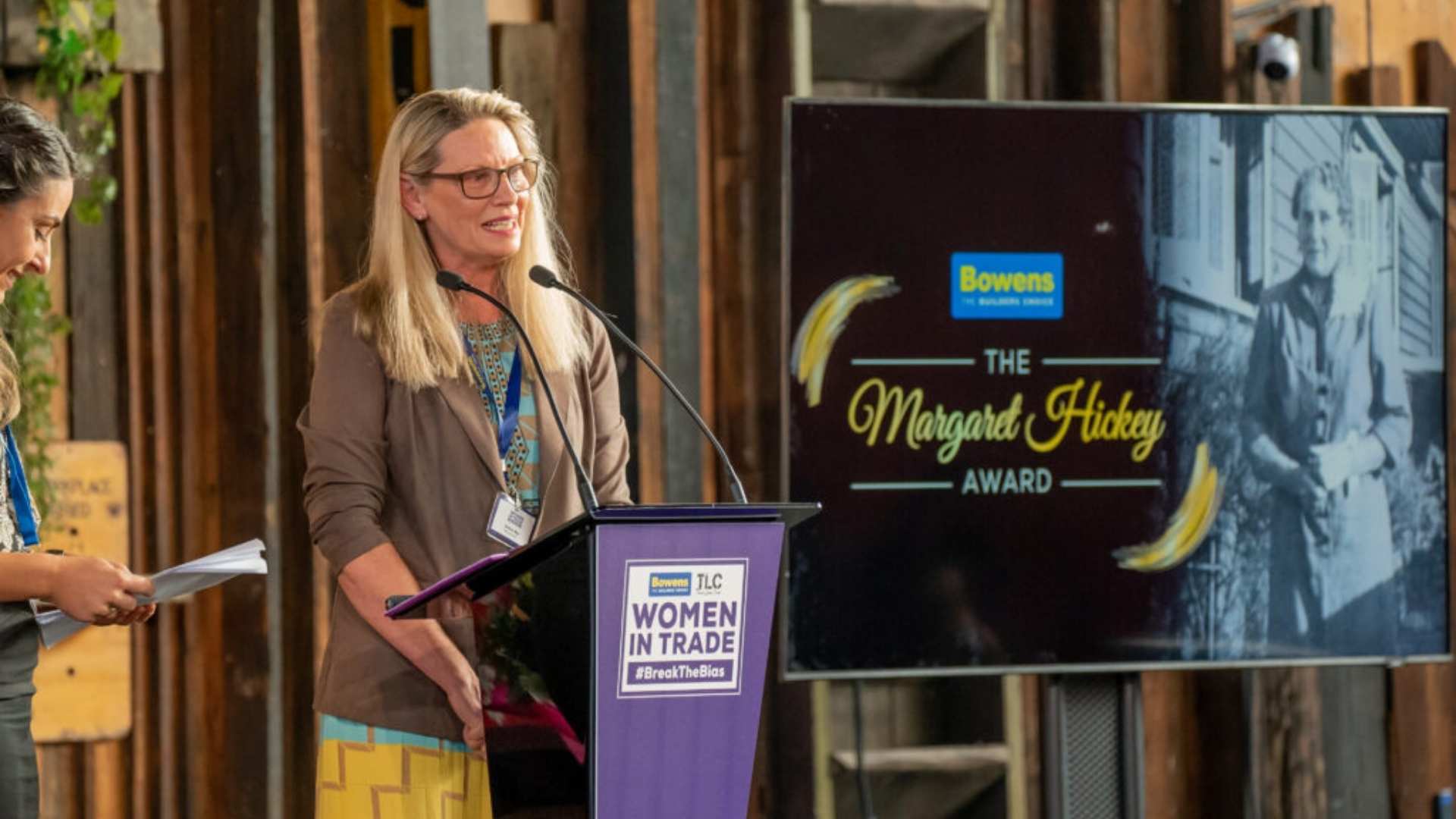 Recipient of the Margaret Hickey award 2022 on stage.