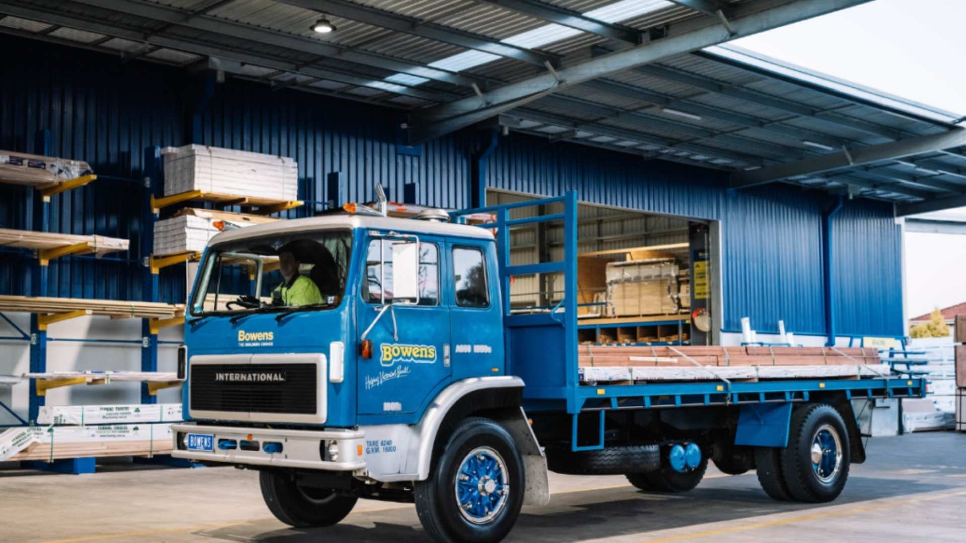 Bowens truck at timber yard getting ready to leave.