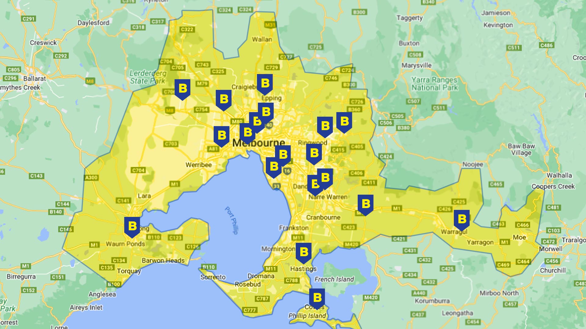 same day delivery map at Bowens, highlighting metropolitan Melbourne and suburbs