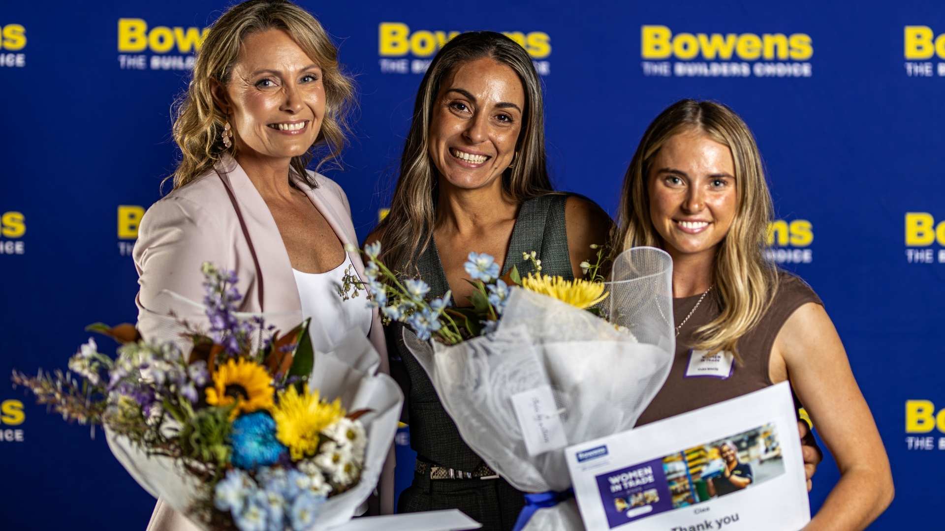 Clea White pictured with Head of HR at Bowens, Vesna Brown, and Farah Drake.