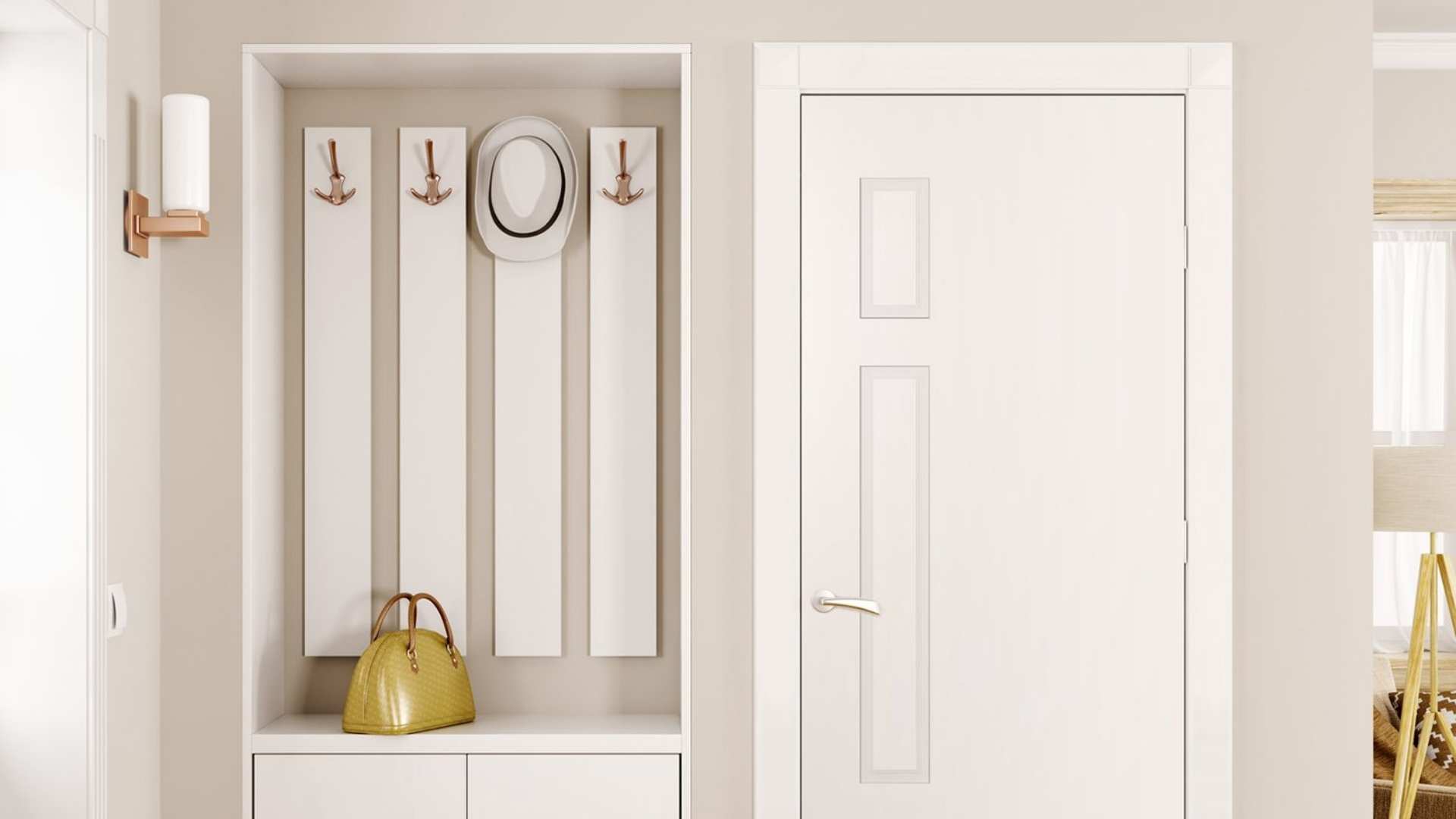 Clean Internal door highlight next to shelving and hooks.
