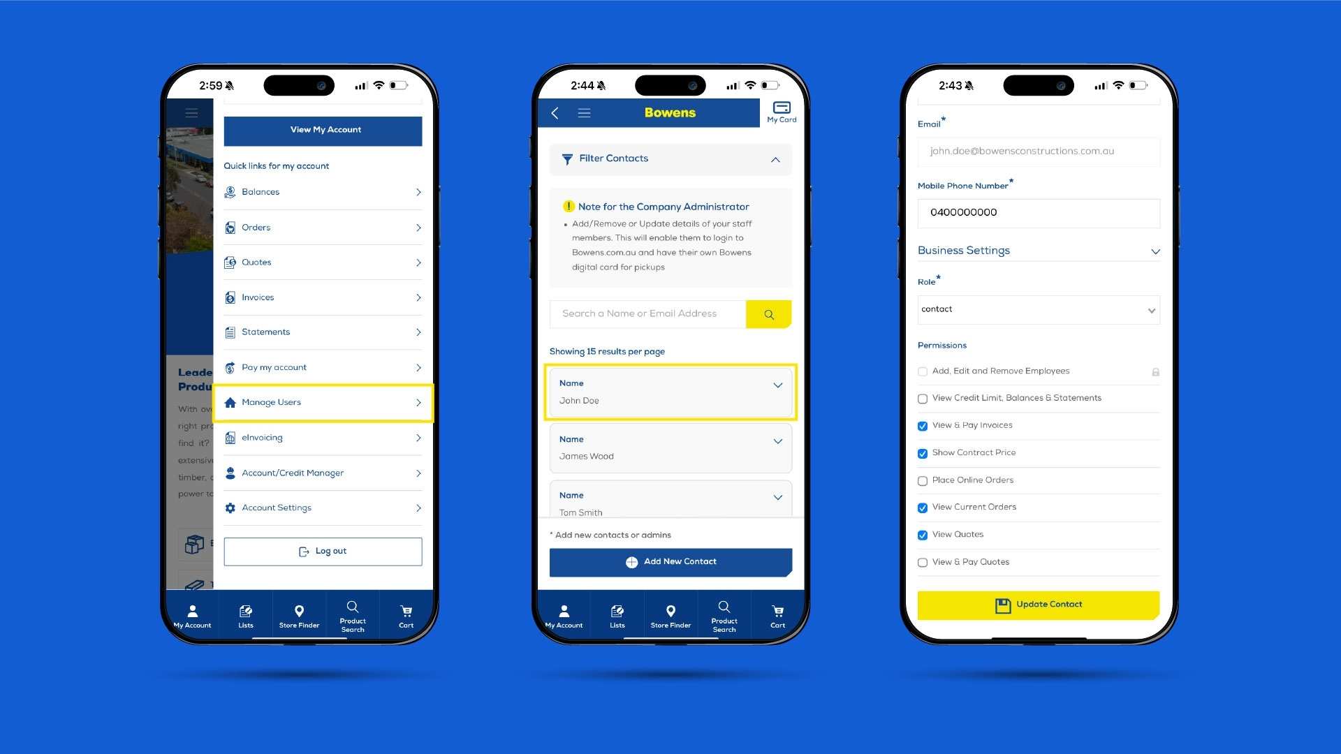 Three smart phones showcasing the different stages of the 'manage users' function on the Bowens app.