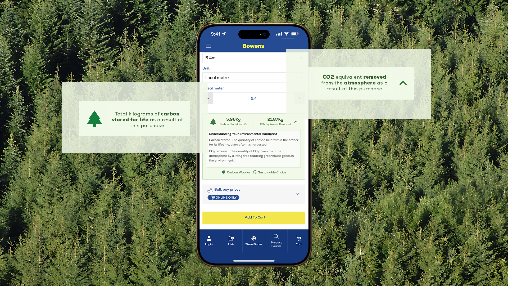 image of the Bowens App on a mobile phone displaying the new carbon calculator. Tree image in the background