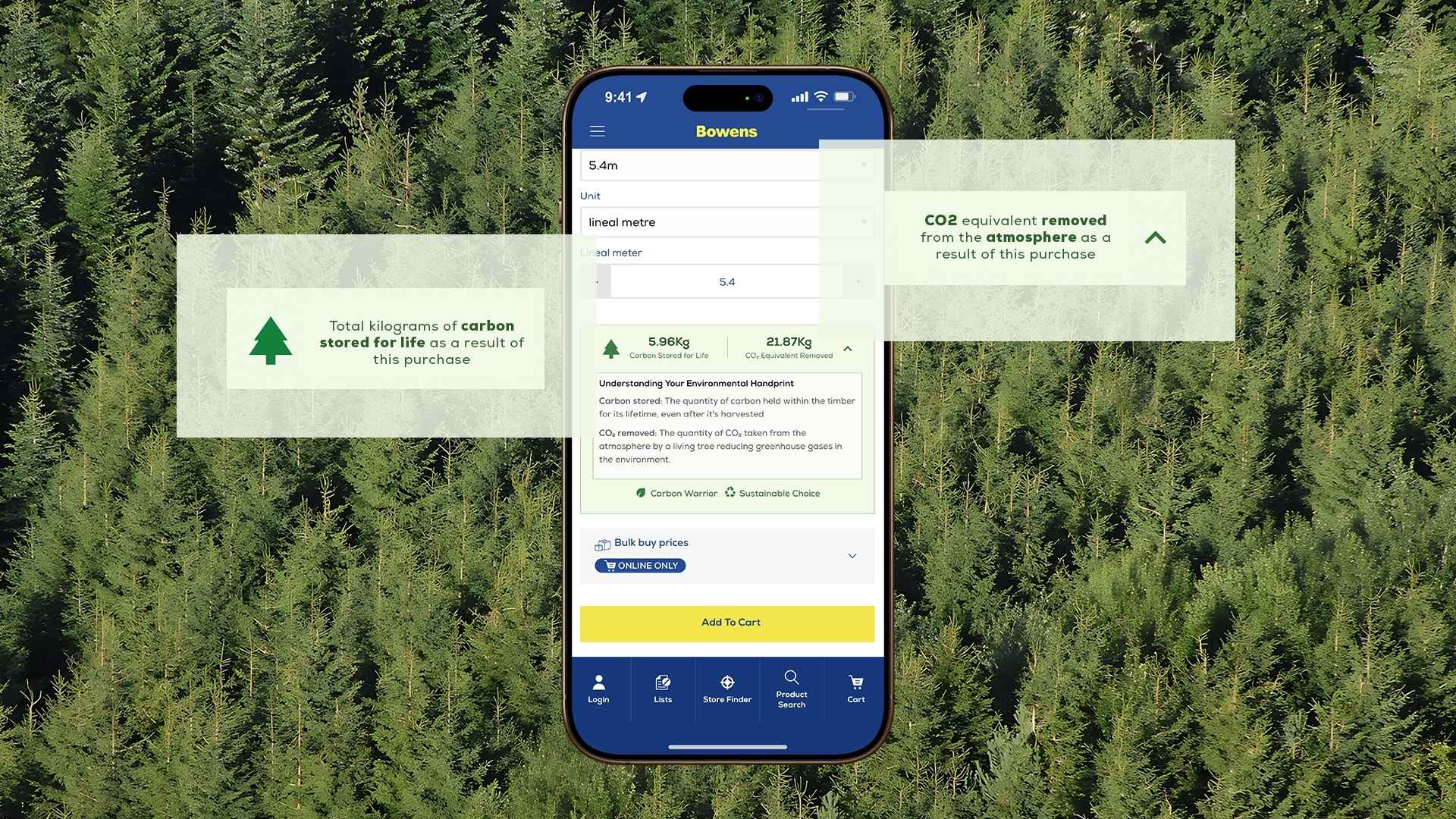 image of the Bowens App on a mobile phone displaying the new carbon calculator. Tree image in the background