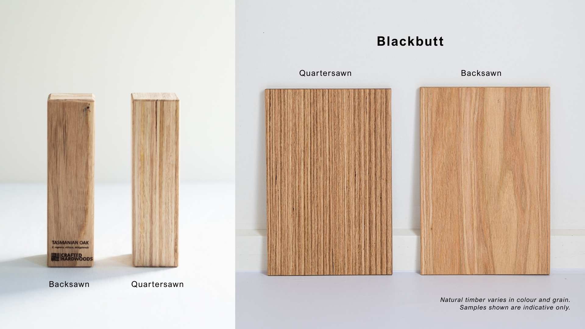 Crafted Hardwoods samples showcasing difference in colour and grain between species.